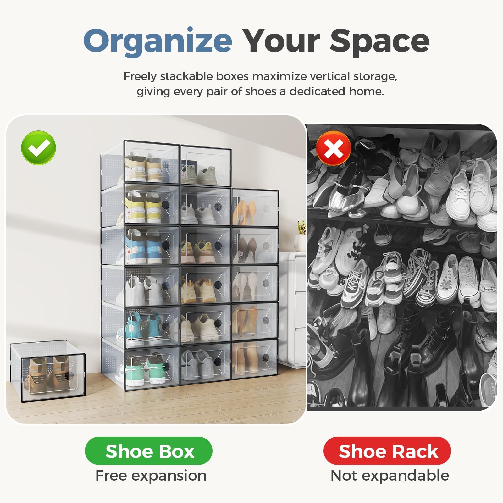 DUMOS Shoe Storage Boxes, 12-Pack Stackable Clear 12 PCS & Fit Size 9, Black
