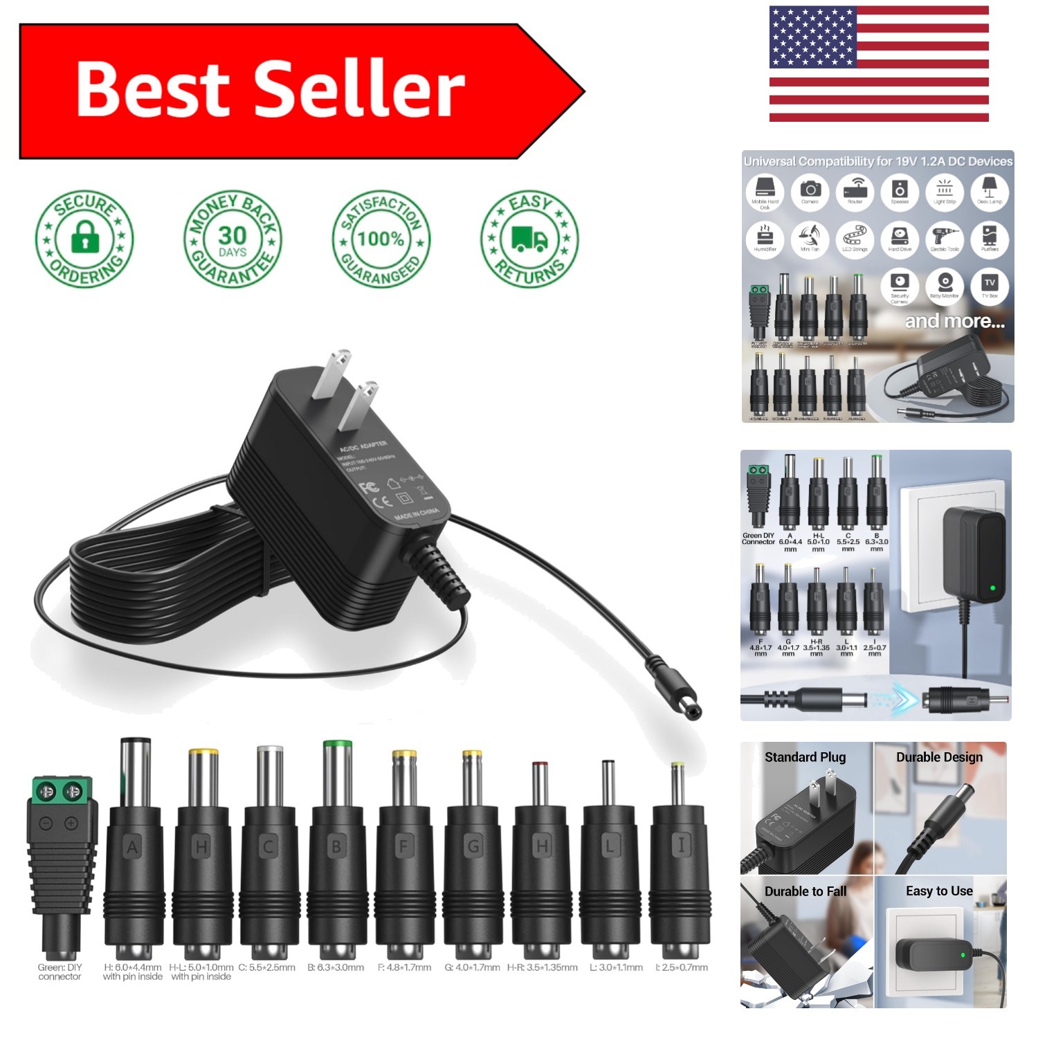 Reliable 19V AC to DC Charger - 1200mA Adapter with 10 DC Jacks for Electronics