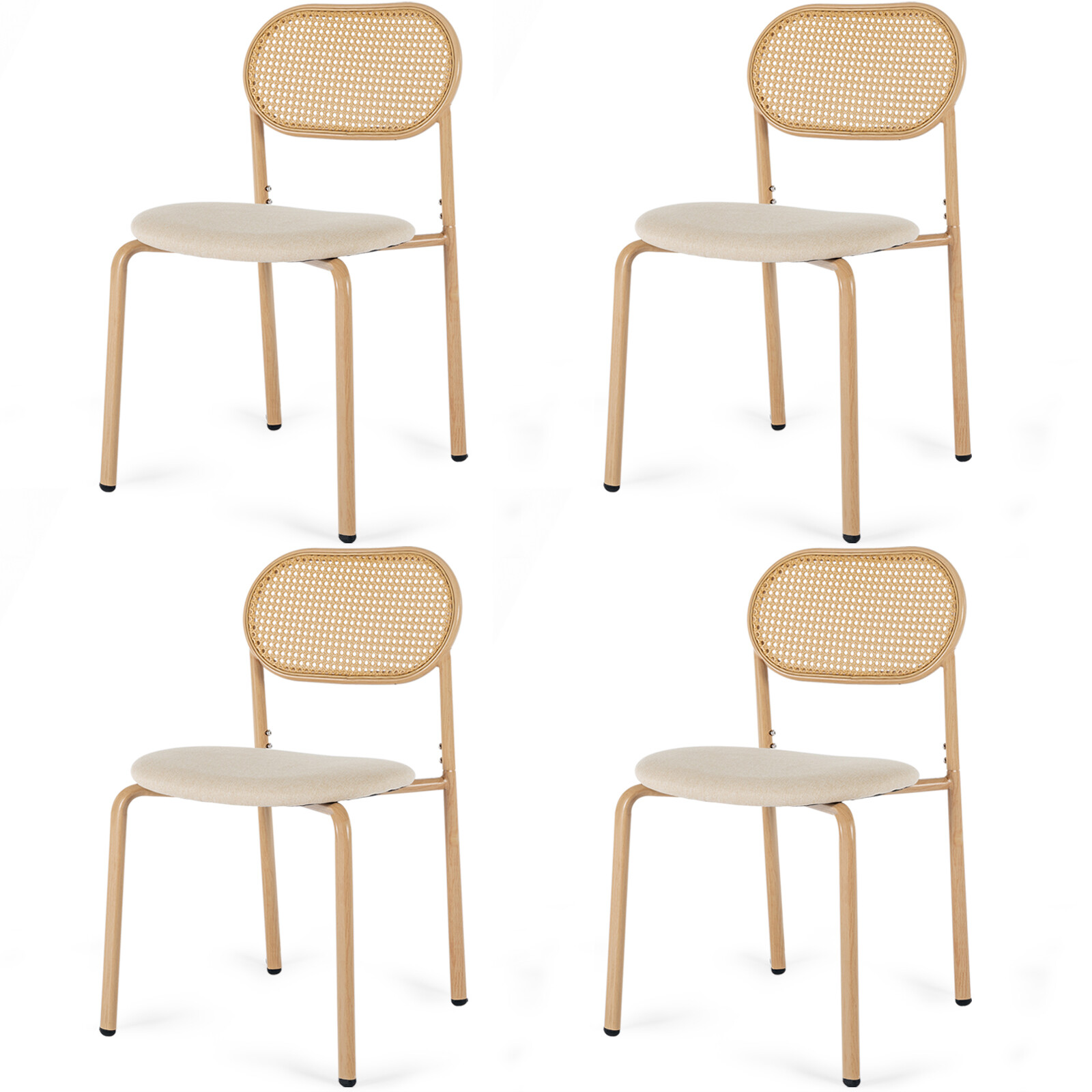 Boho Set of 4 Dining Chairs Upholstered w/Rattan Back,Metal Leg Kitchen Living
