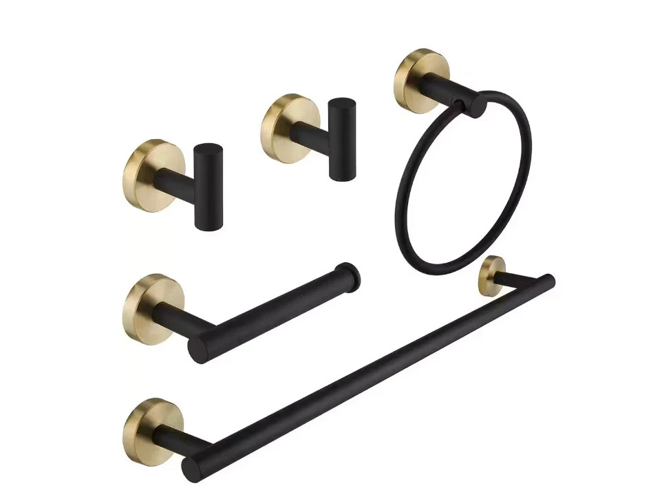 BWE A-91020-GB 5Pcs Bath Hardware Set in Matte Black+Gold NEW