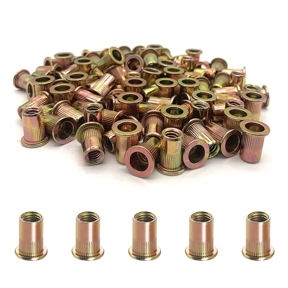 100PCS 1/4"20 Rivet Nuts, Carbon Steel UNC Rivet Nut Set, Flat Head Threaded ...
