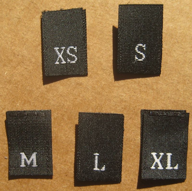 250 PCS BLACK WOVEN CLOTHING LABELS, SIZE TAGS - XS, S, M, L, XL (50pcs each)