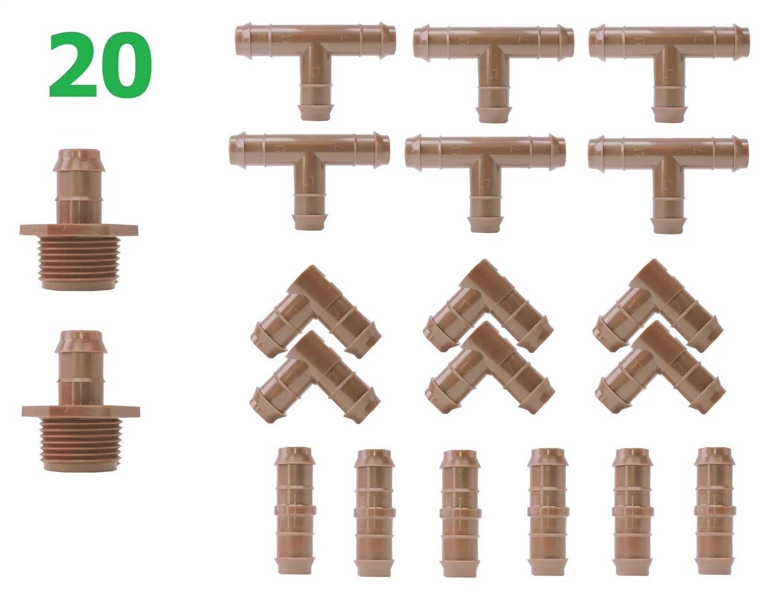 Drip Irrigation Fittings 17mm for 1/2" Tubing 20 Couplings Tees Elbows & Adapter