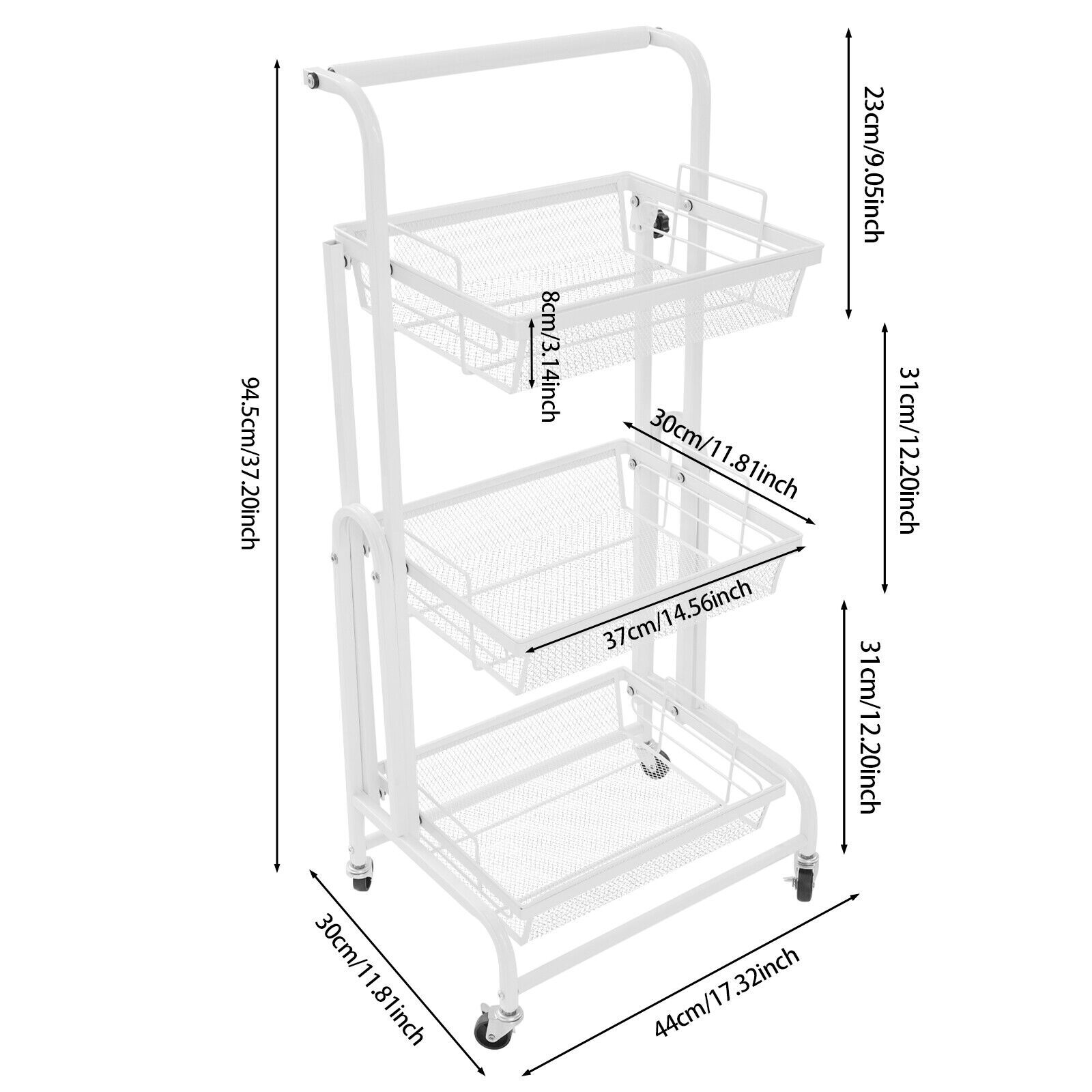 3-Tier Multi-Functional Storage Cart Metal Rolling Utility Cart White Adjustable