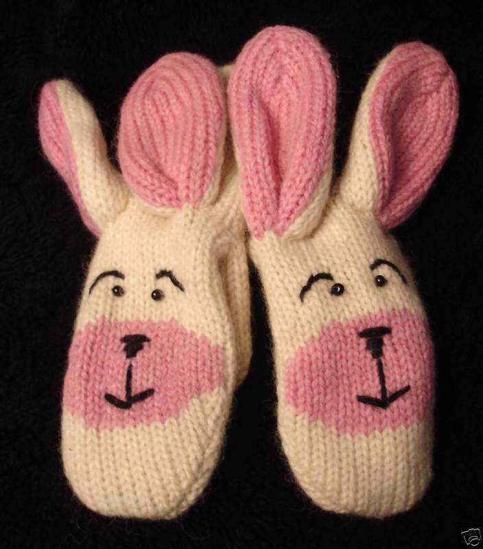 BUNNY MITTENS knit RABBIT white pink ladies ADULT puppet LND animal deLux GLOVES