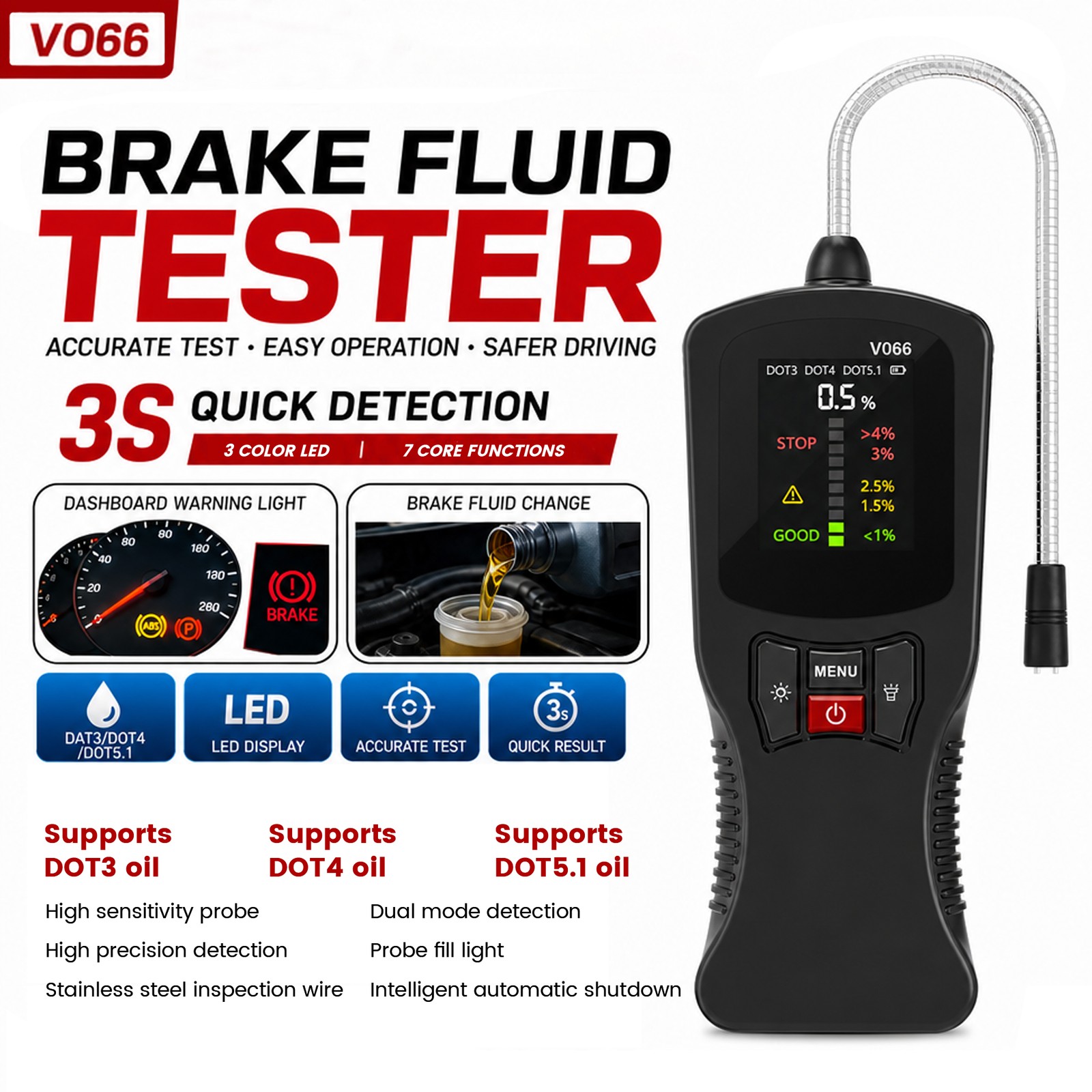 ⚡⚡Digital Brake Fluid Tester Probe Brake Oil Moisture Detector DOT3 DOT4 DOT5.1