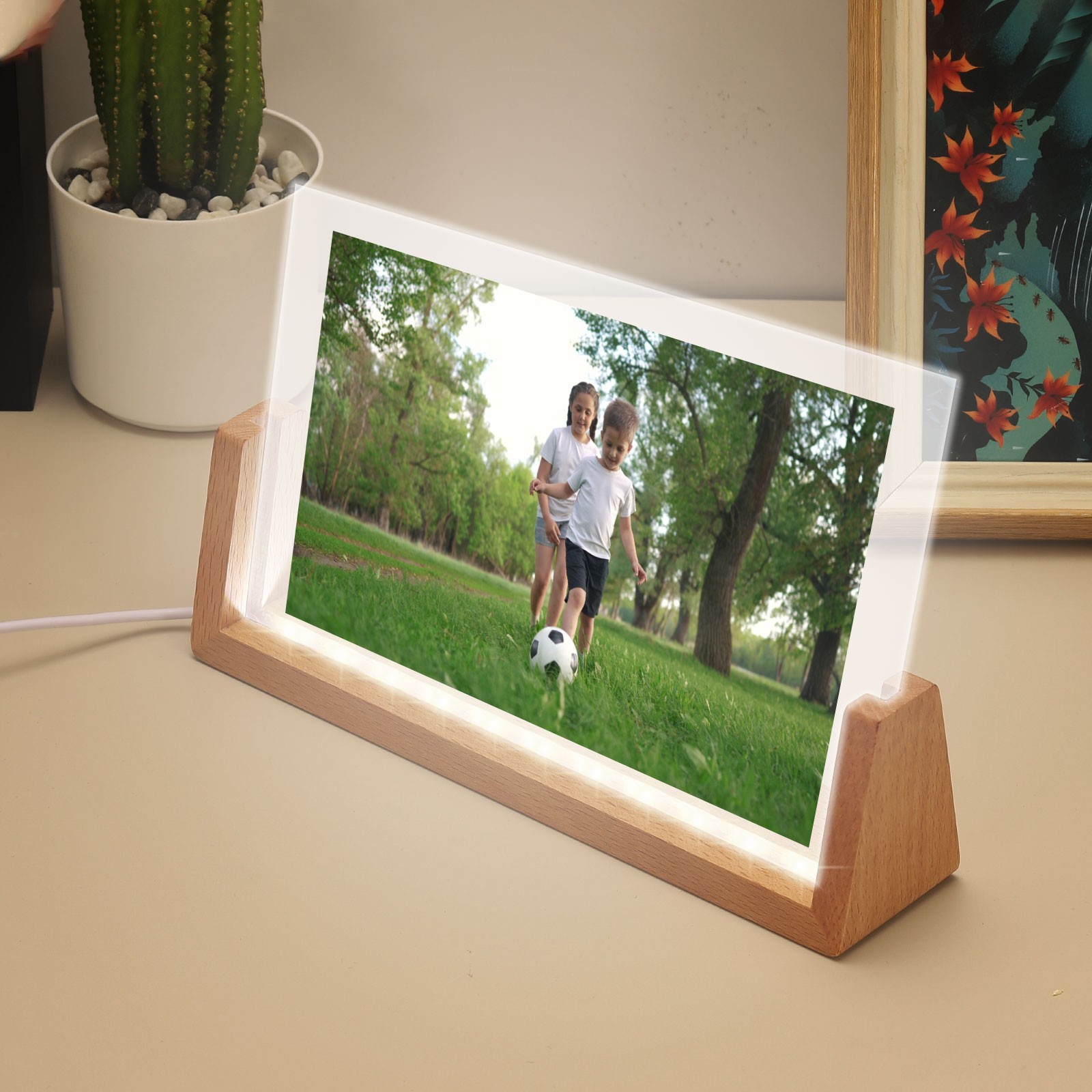 7" Wooden LED Light Base Beech Light Display Stand Table White Light