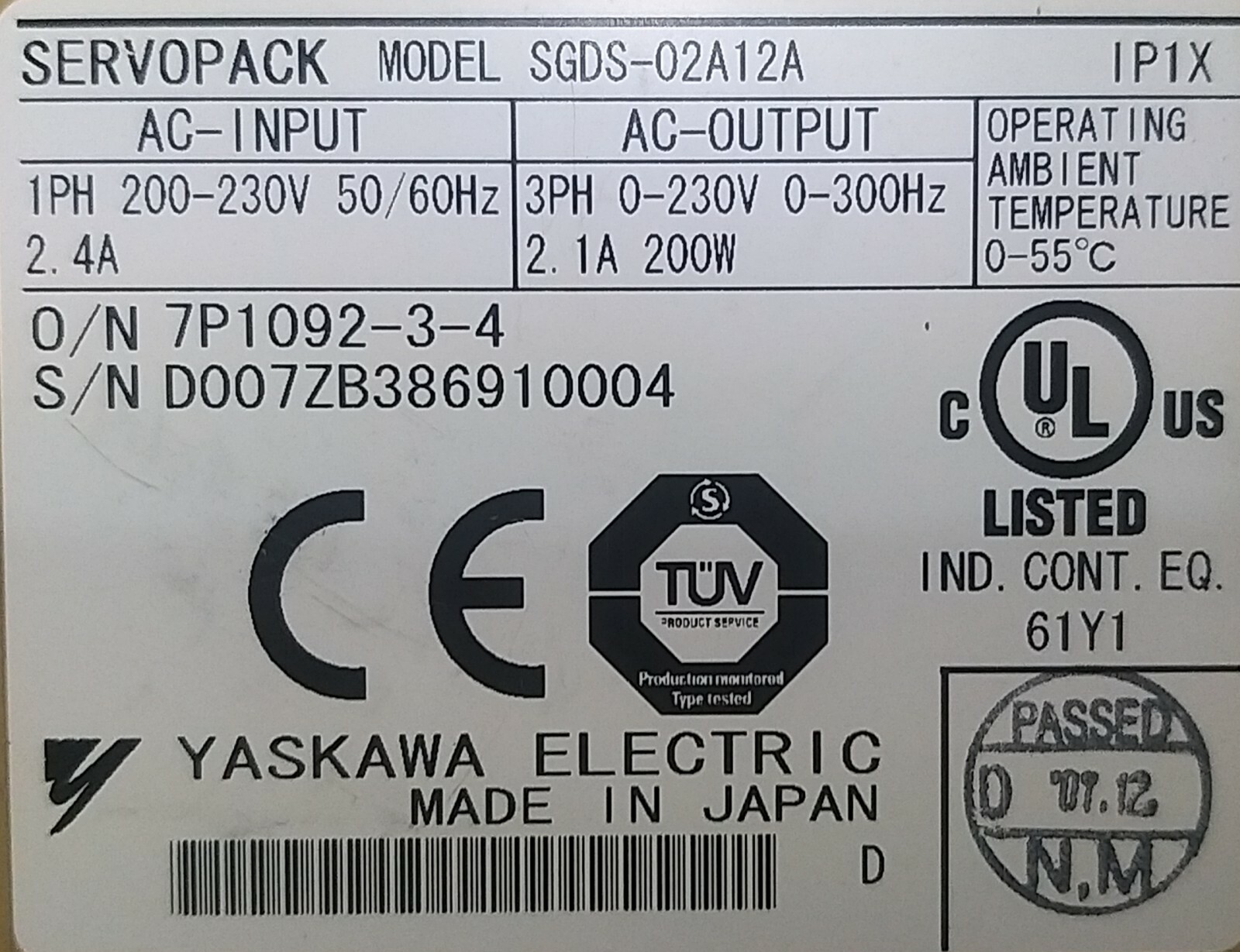 YASKAWA SGDS-02A12A SERVOPACK, USED