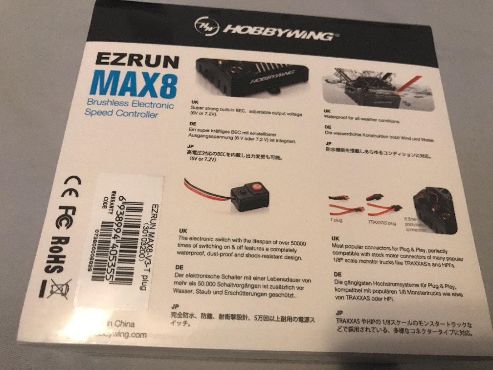 Hobbywing EzRun MAX8 V3 ESC Brushless 150A Sensorless 1:8 T-Plug.
