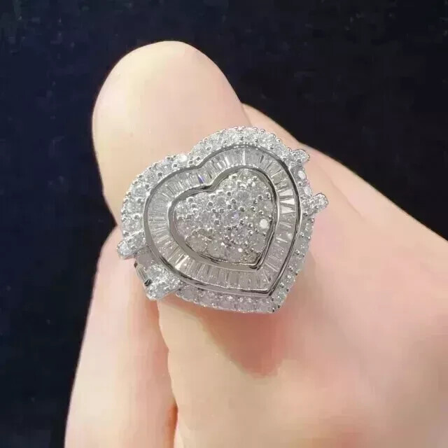 3.00Ct Round Cut Real Moissanite Heart Halo Engagement Ring 925 Sterling Silver