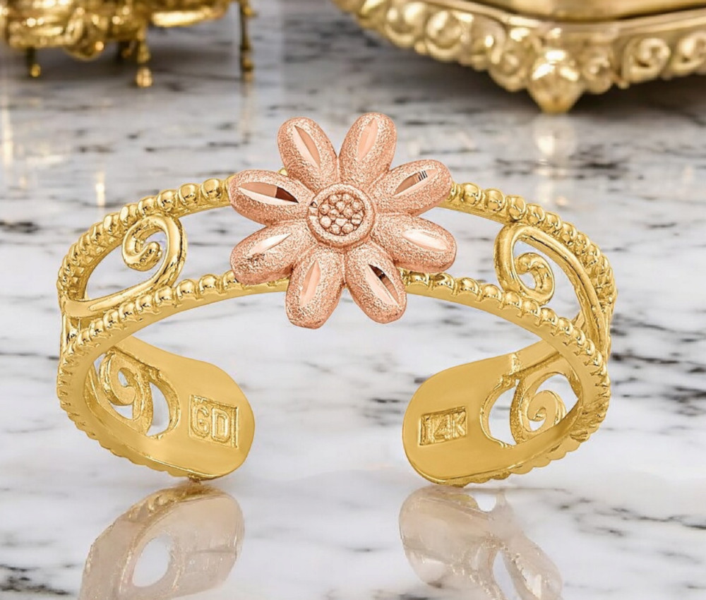 14k Two Tone Gold Satin Beaded Flower Adjustable Toe Ring - rose gold toe ring