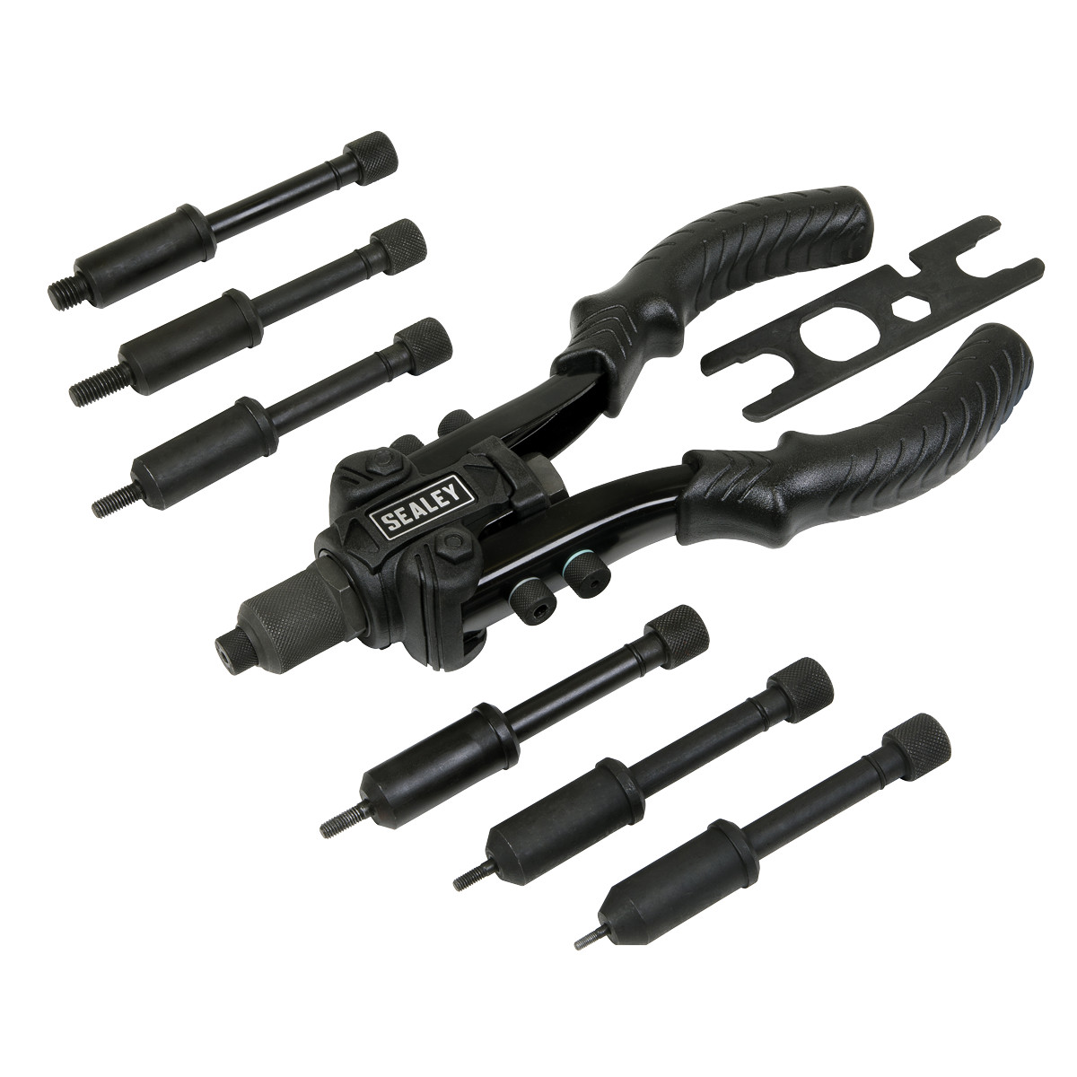 Sealey 2-in-1 Compact Riveter Heavy Duty Industrial 11 Nozzles Black AK3989