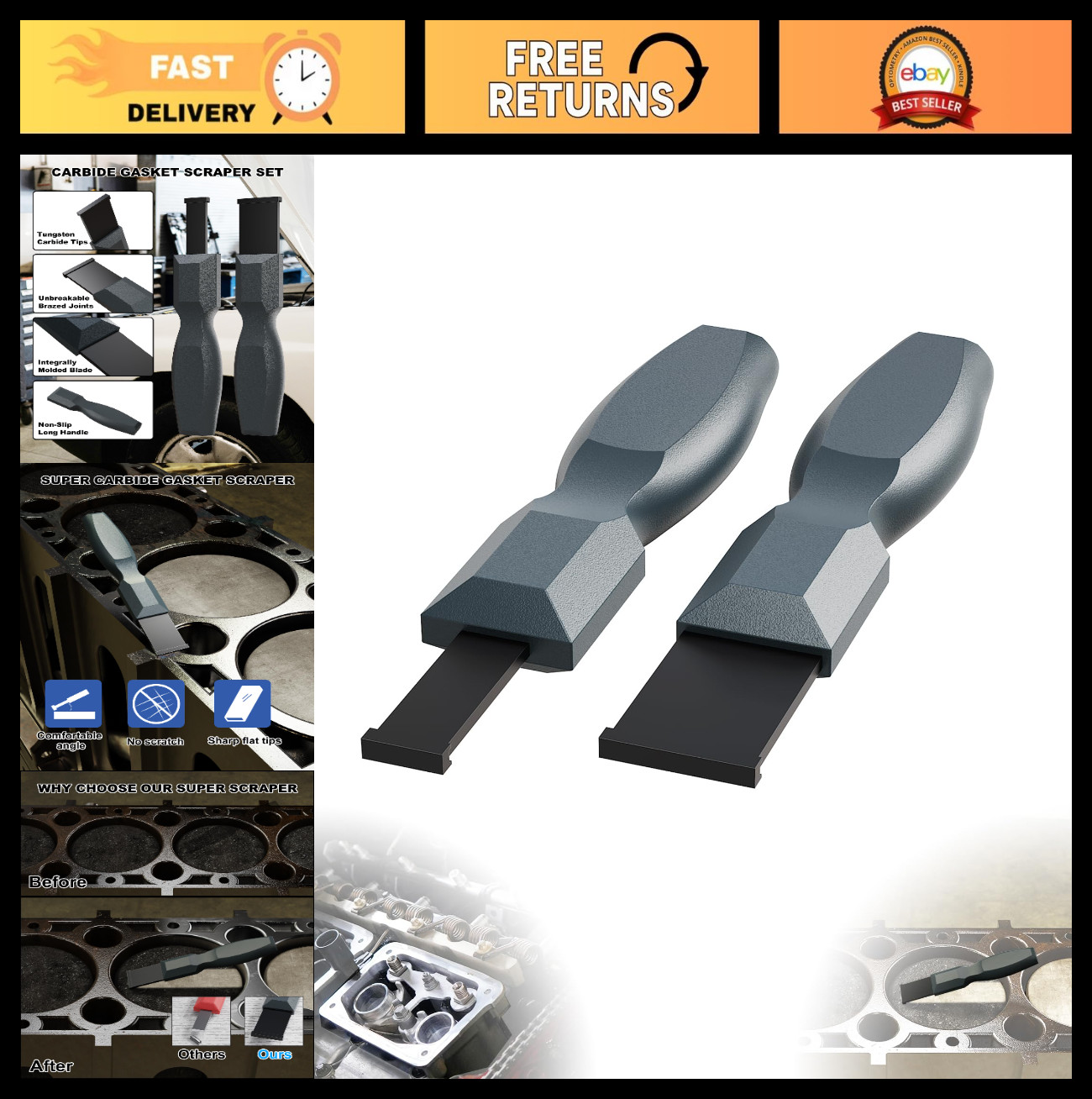 2-Piece Carbide Gasket Scraper Set - 1.25" & 5/8" Tools for Automotive, Metal, G