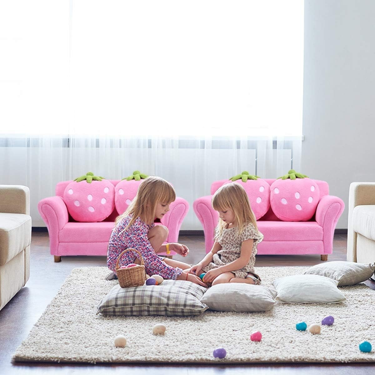 Kids Couch, Double Seat Pink Children's Sofa with 2 Strawberry Pillows, Toddl...