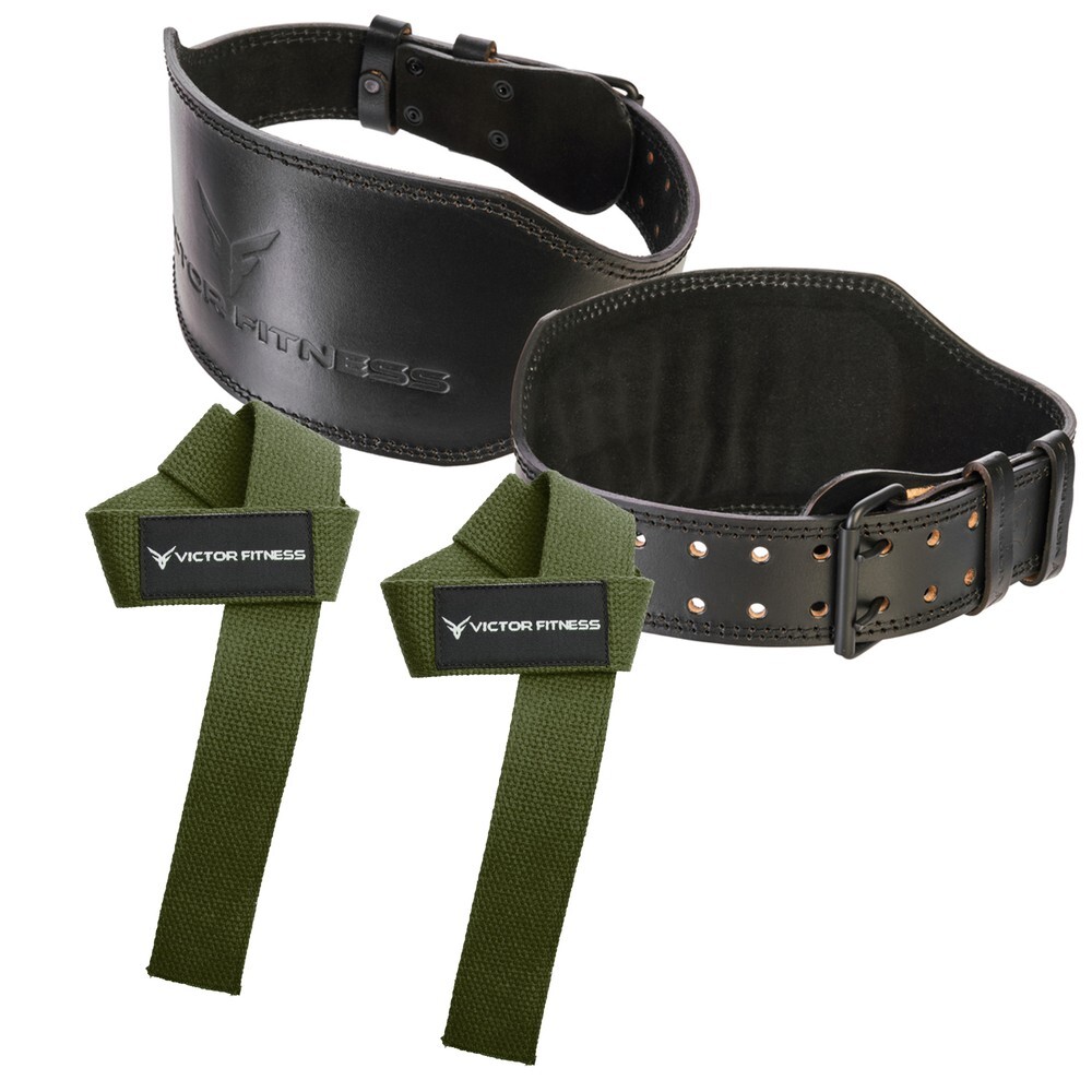 Victor Fitness VTBBKM Dual Prong M Weight Lifting Belt w/ 24" Wrist Straps Green