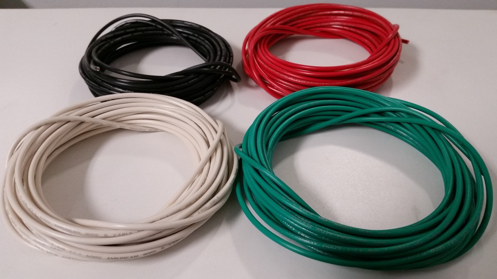 14 GAUGE WIRE WHITE, GREEN ,RED & BLACK PRIMARY AWG STRANDED COPPER MTW 25' EACH