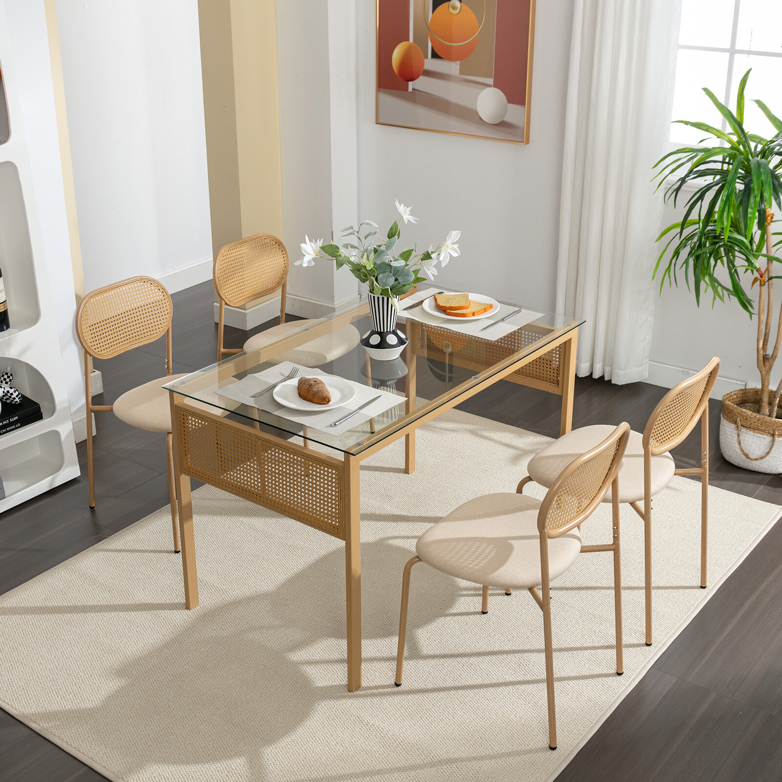 Boho Set of 4 Dining Chairs Upholstered w/Rattan Back,Metal Leg Kitchen Living