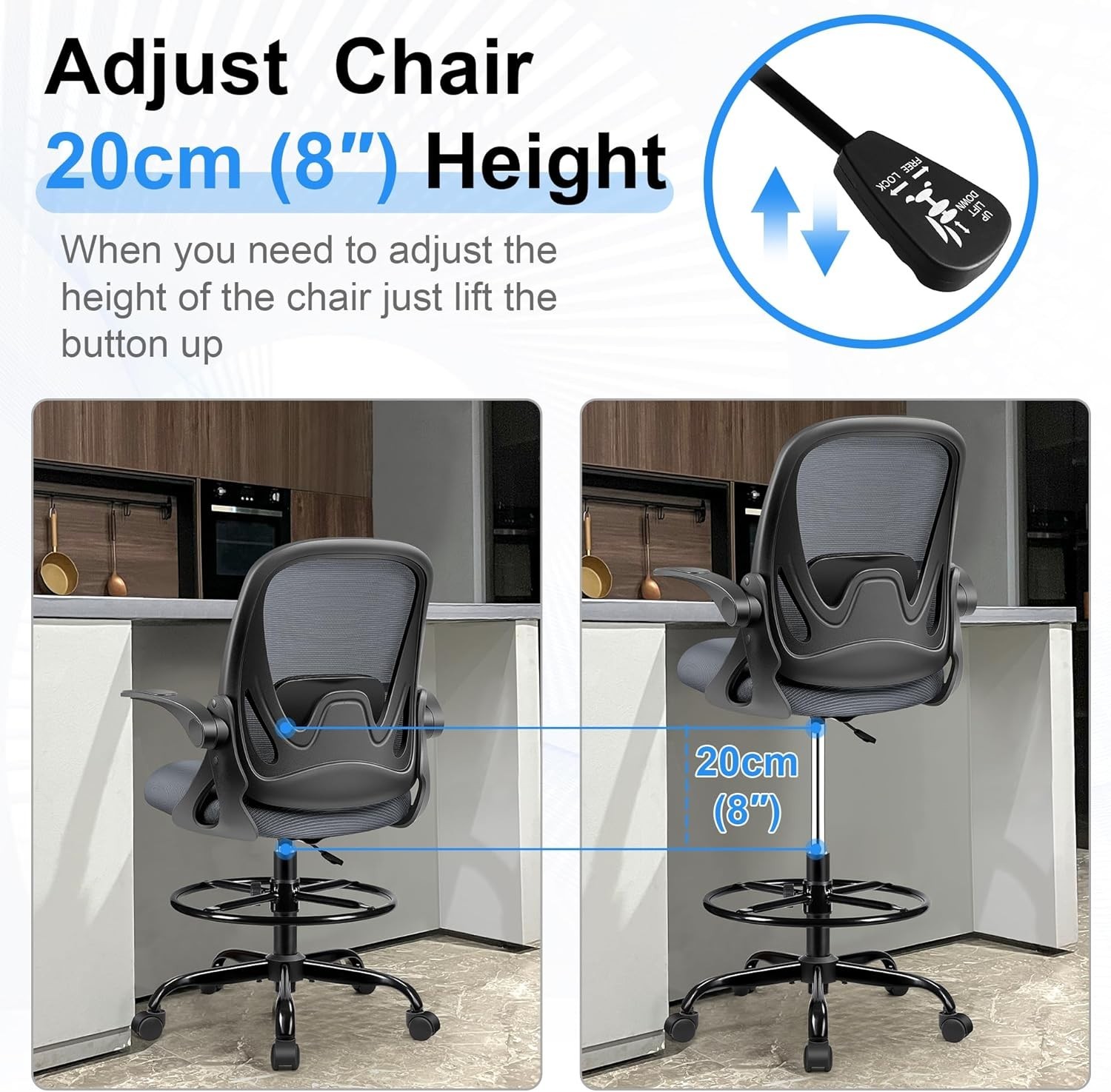 Office Drafting Chair with Flip-Up Armrests & Lumbar Support for Maximum Comfort