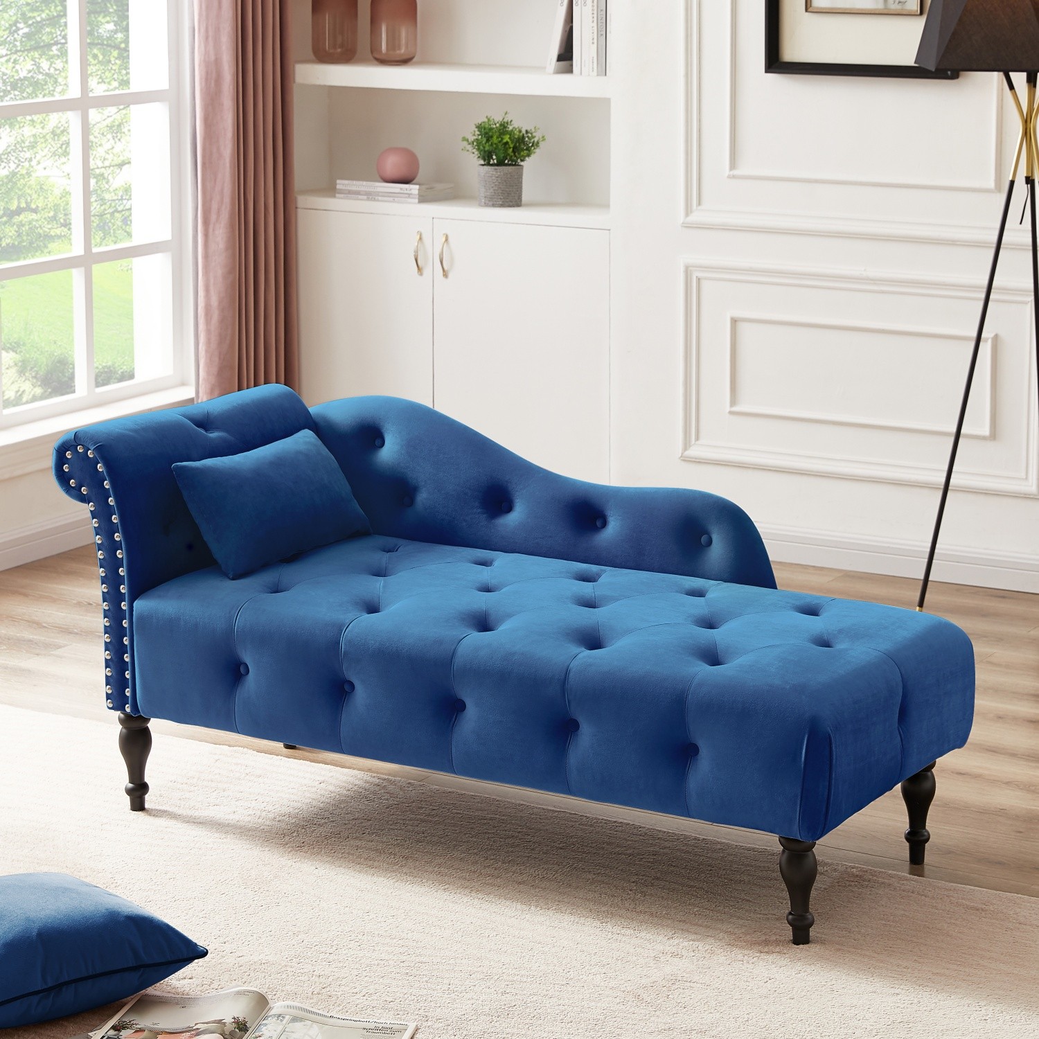 60.6 Inch Modern Velvet Sofa Bed Chaise Lounge w/ Solid Wood Legs Blue/Black