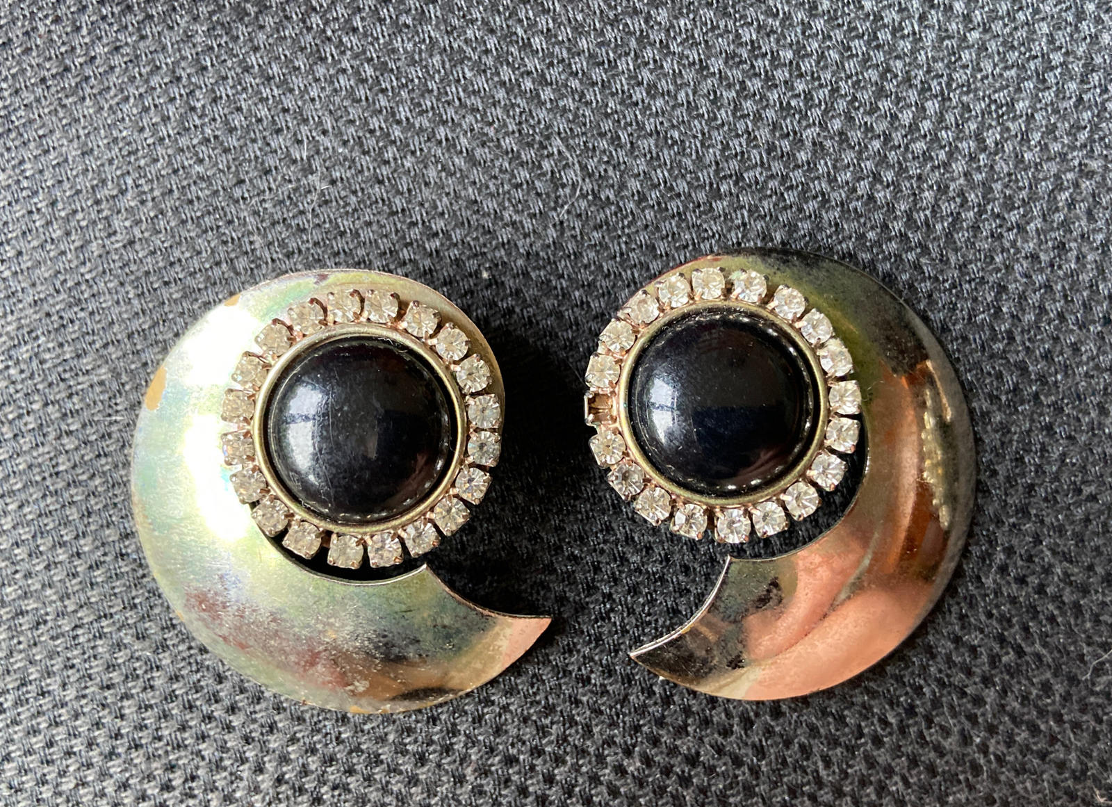 Vintage Funky  Faux Black Onyx & Rhinestone Pierced Earrings 2+”