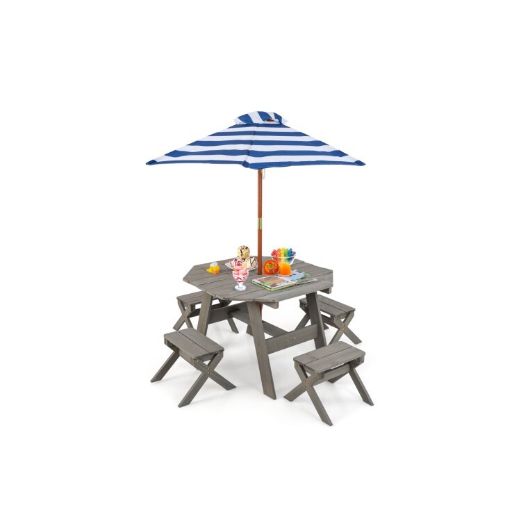 Outdoor Children's Picnic Table Toddler Patio Wooden Table Set w/Umbrella Hole