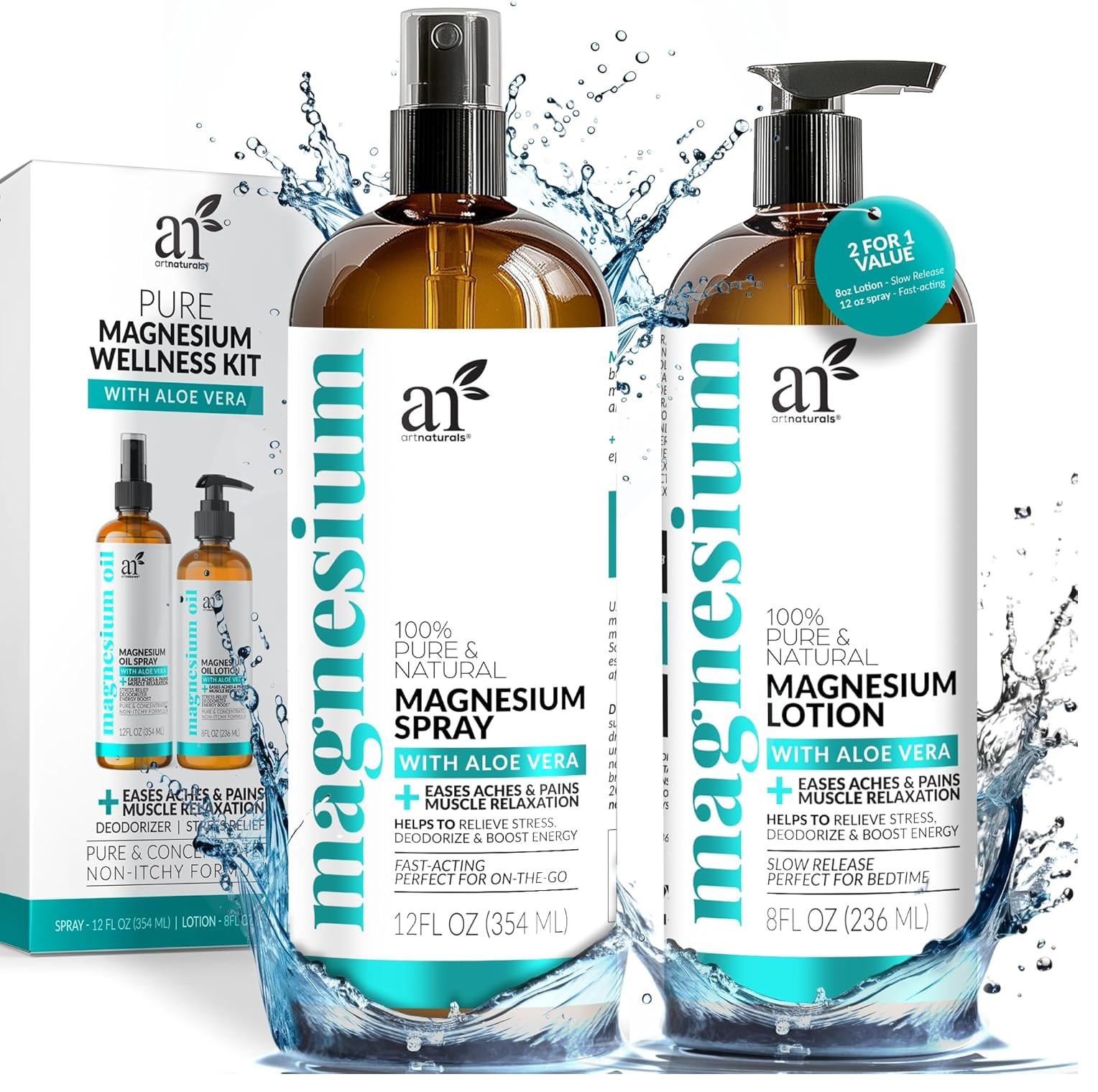 ArtNaturals Magnesium Oil Spray 12 oz + Body Massage Lotion Set 8oz for Feet & S