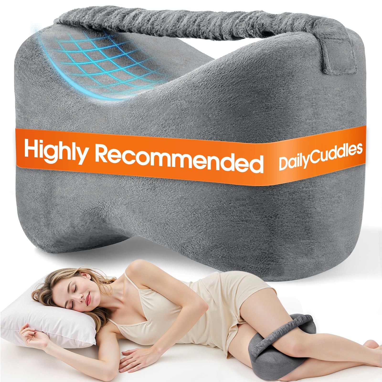 Knee Pillow for Side Sleepers with Strap, Supportive Memory Foam Leg Pillow f.