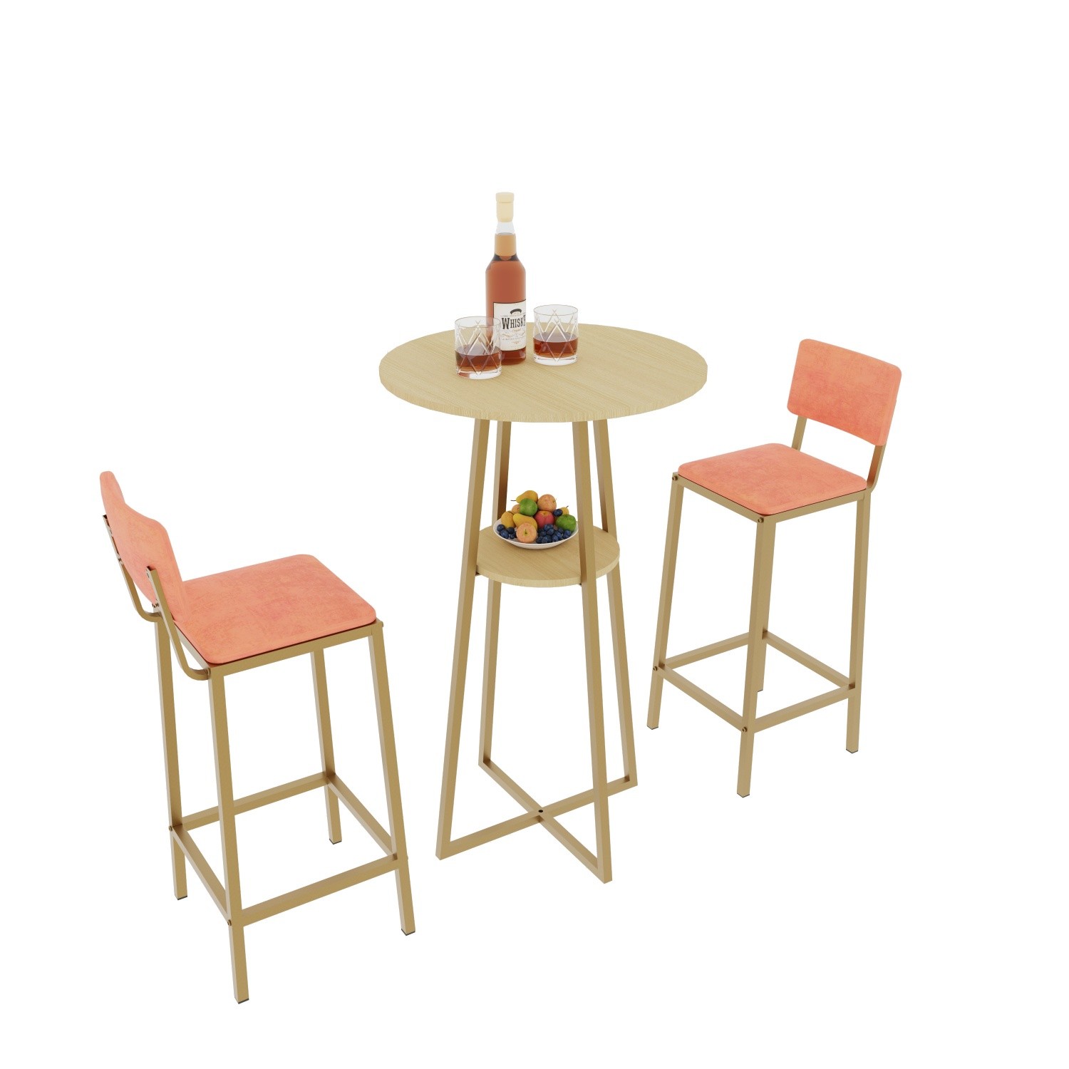 3 Piece Bar Table Set Counter Height Kitchen Round Dining Table w/ 2 Bar Chairs