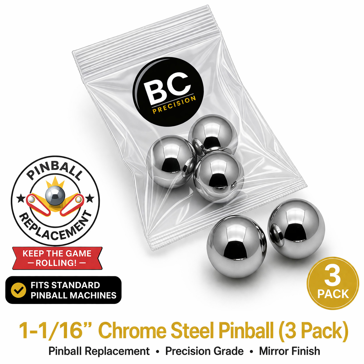 Three 1-1/16" Inch Chrome Steel Replacement Pinball Machine Balls