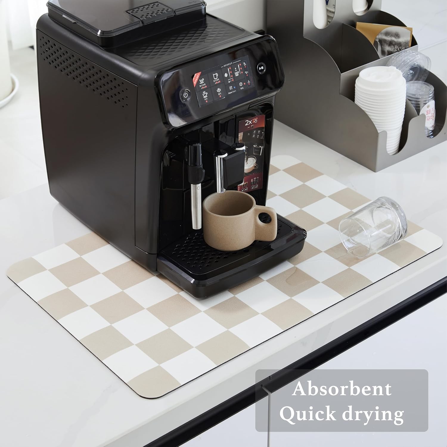 Checkered Dish Drying Mat for Kitchen Counter, Coffee Bar Station Accessories