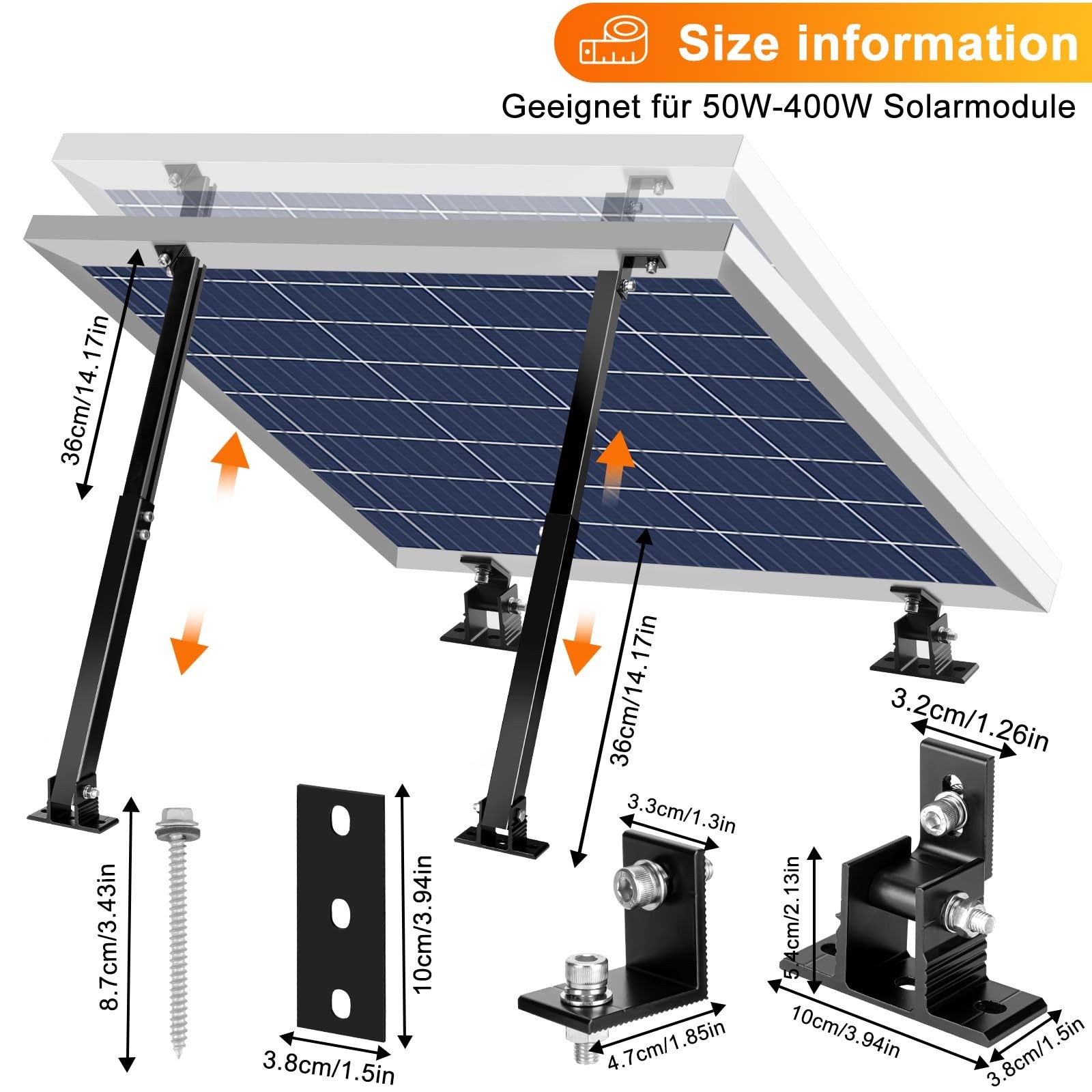 Adjustable Solar Panel Tilt Mount Brackets, Panel Stand Suitable for 50W - 400W.