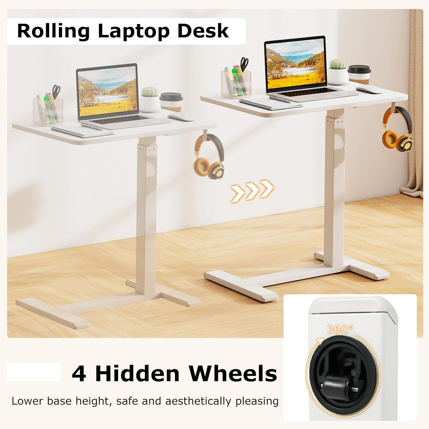 Pneumatic Mobile Standing Desk with Cup Holder & Headphone Hook - White