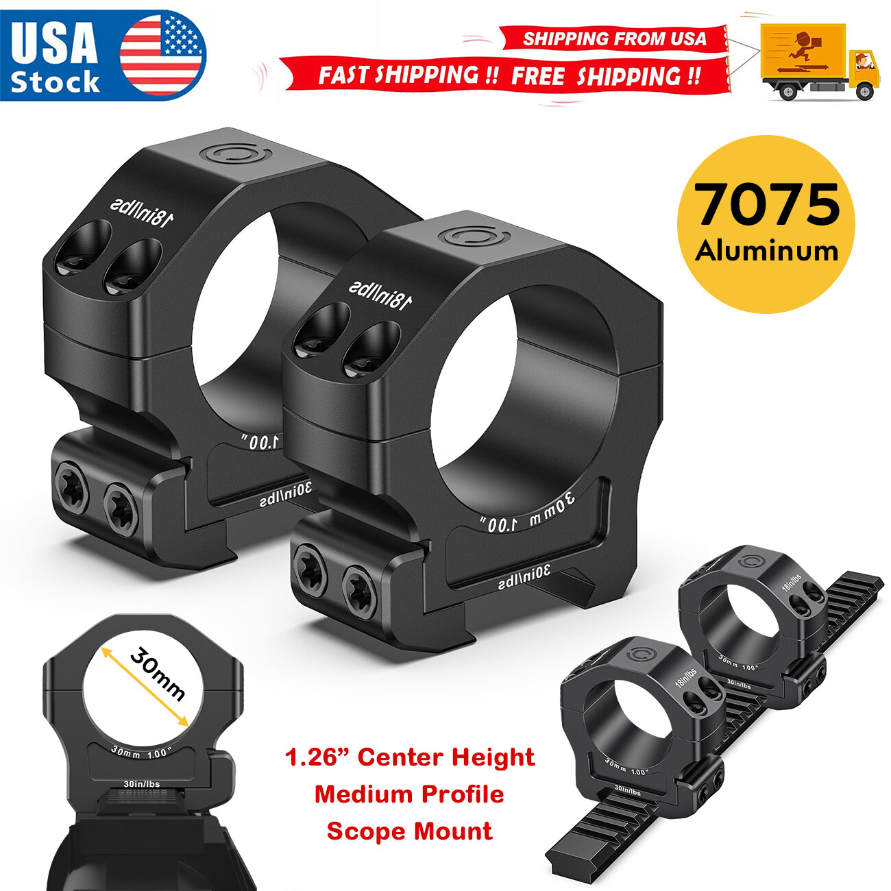 30mm Scope Rings 2Pcs Medium Profile Scope Mount 7075 Aluminum - Picatinny Rails