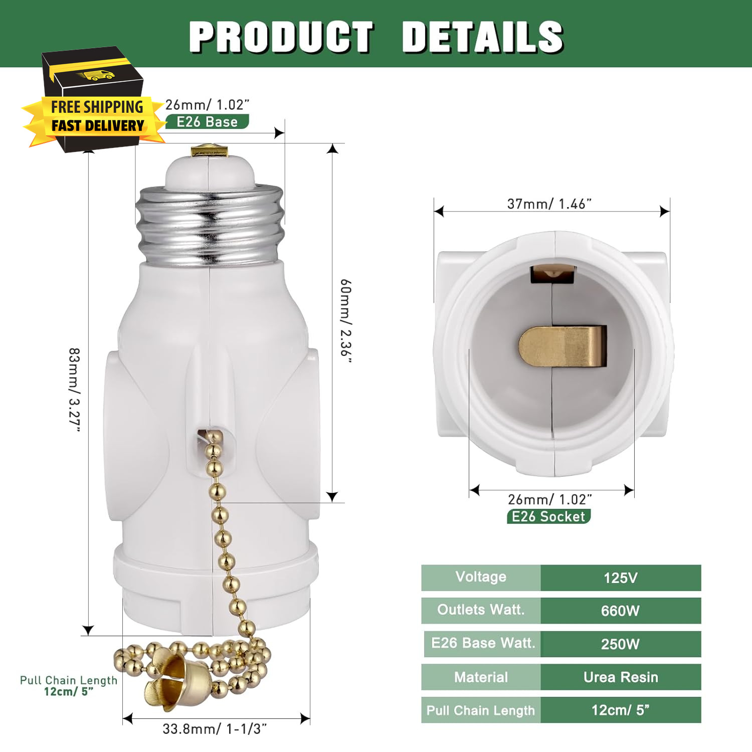 2-Pack E26 Light Socket Adapter - Converts Medium Screw Socket to Two Outlets wi