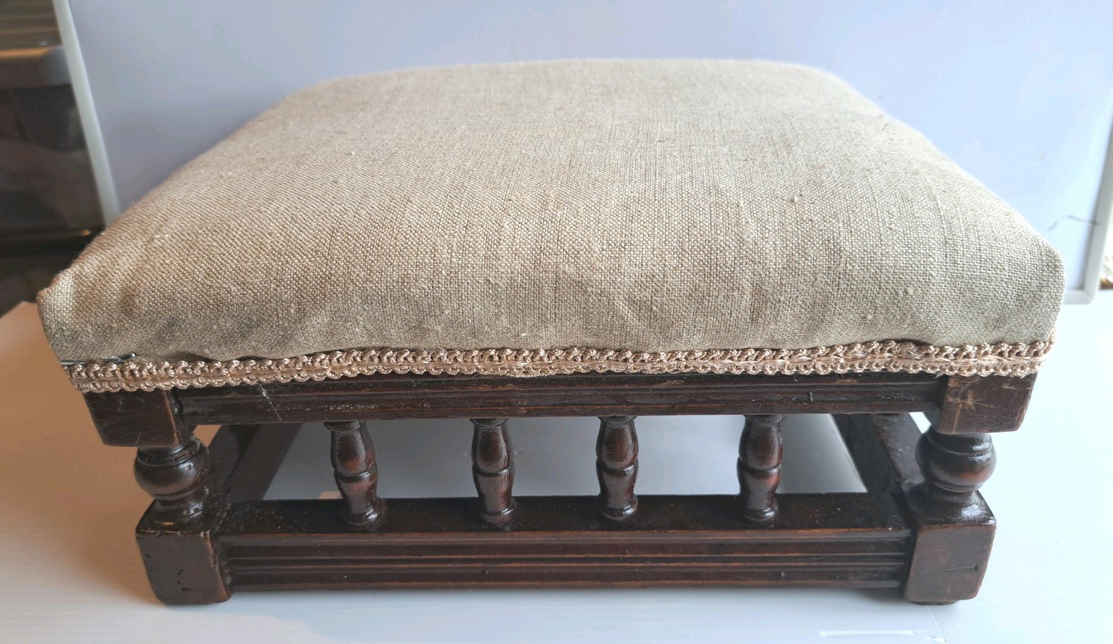 Small Antique Wooden Footstool-Covered Top & Wooden Spindles - 30 X 25 X 15 Cms
