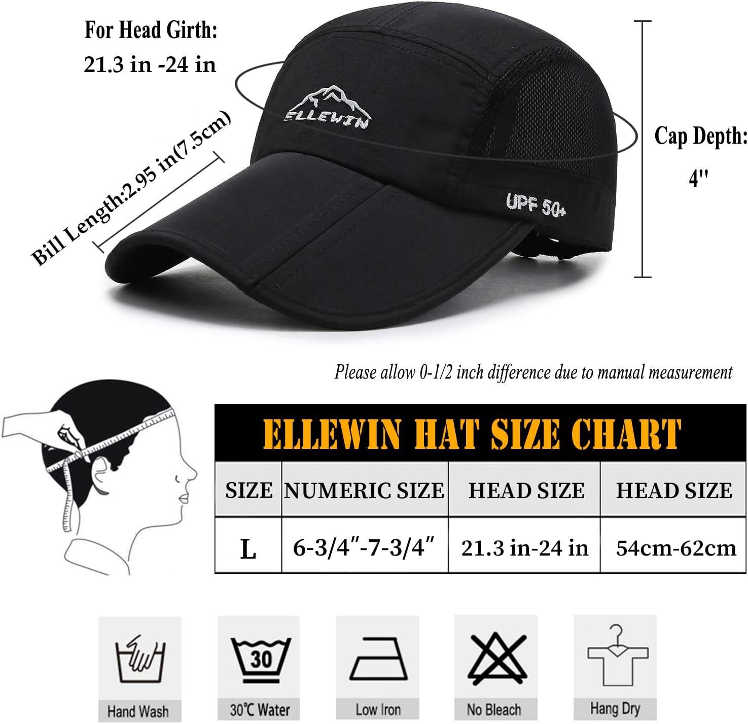 ELLEWIN Unisex Baseball Cap UPF 50 Unstructured Hat with Foldable Black-l