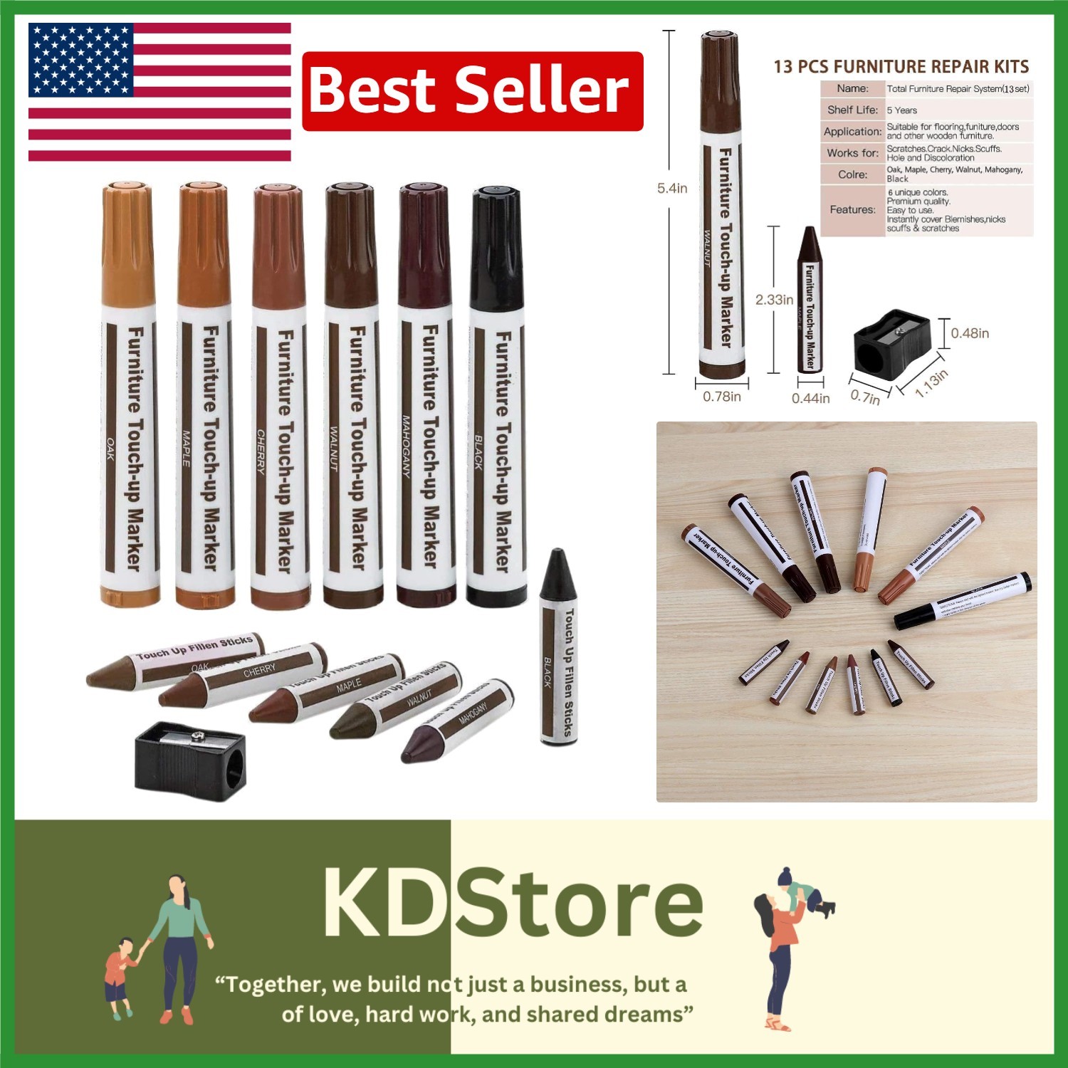 13-Piece Wood Repair Set - Markers & Wax for Stains and Scratches on Furniture