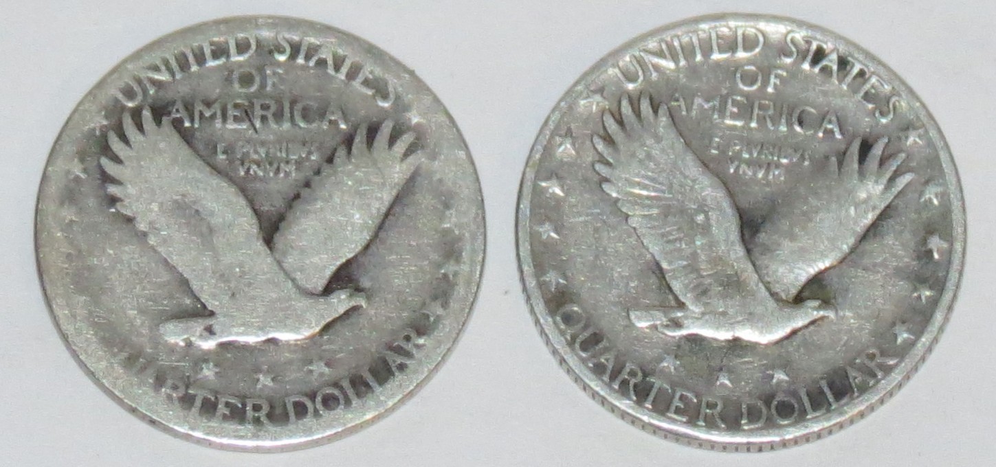 Two 90% Silver Standing Liberty Quarter Dollar Coins, 1928 & 1929
