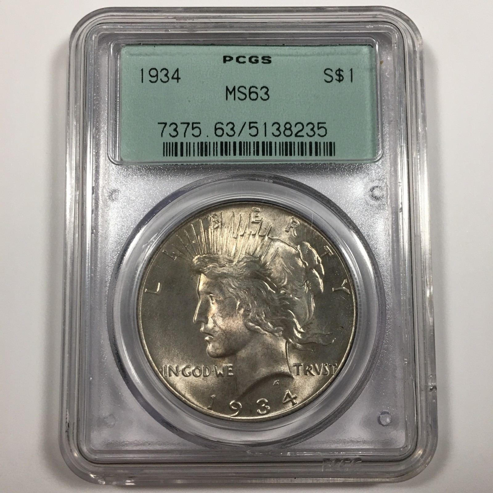 1934 Peace Silver Dollar - PCGS MS63 Green Gen 2.2 Slab KM#150 - 8353-SFPC