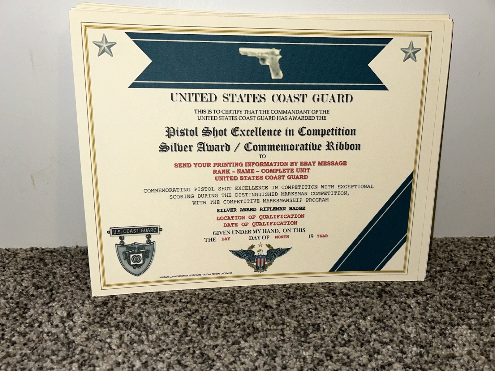 USCG PISTOL EXCELLENCE - SILVER AWARD COMMEMORATIVE CERTIFICATE~W/PRINTING T-1