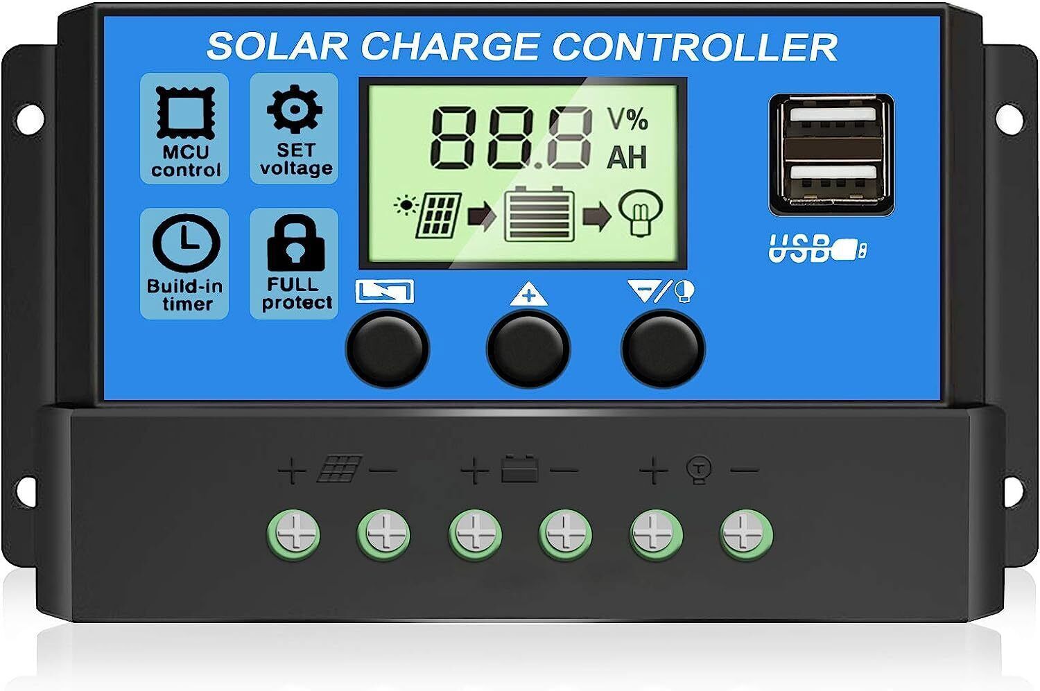 30A PWM Solar Panel Charge Controller 12/24V Auto LCD Display Dual USB Timer Set