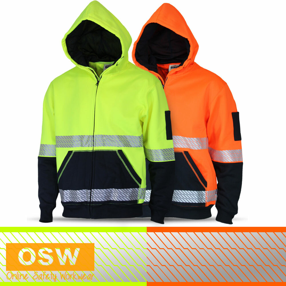 Hi Vis D/N Segmented Reflective Tape Premium Cotton Full Zip Hoodie 3530