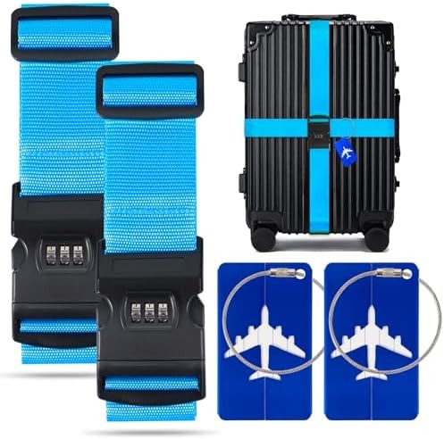 2 Pack Luggage Straps for Suitcase w/Password Lock & Tags (Blue) | Adjustable Su