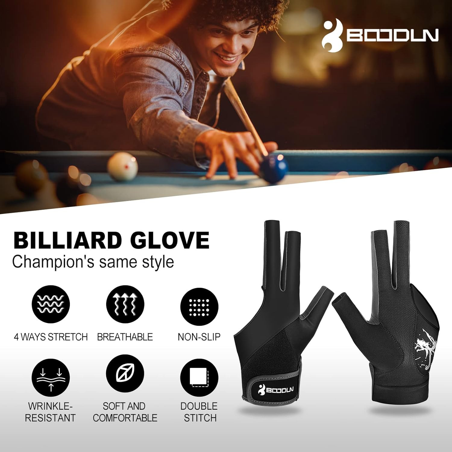 Billiard Pool Gloves for Left Hand 3 Finger, Splicing Process, Snooker Cue
