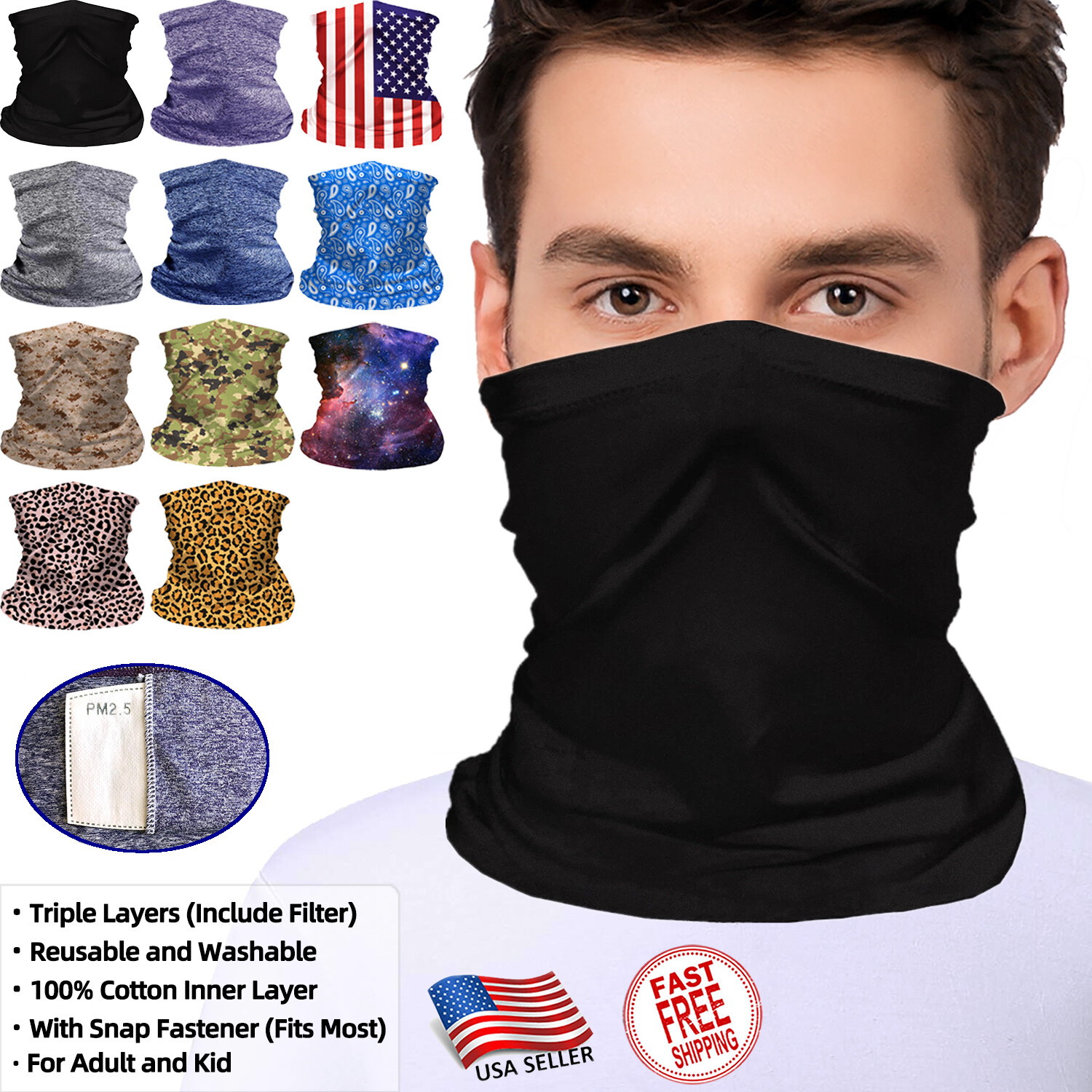 Face Mask Neck Gaiter with Filter Balaclava Tube Bandana Scarf for Adult and KID