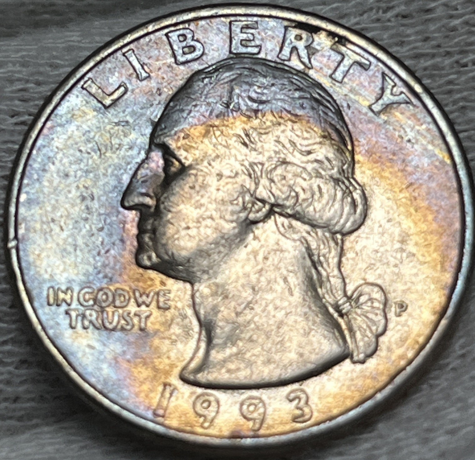 1993 P Washington Quarter Errors Strike Through Grease Rainbow Toning