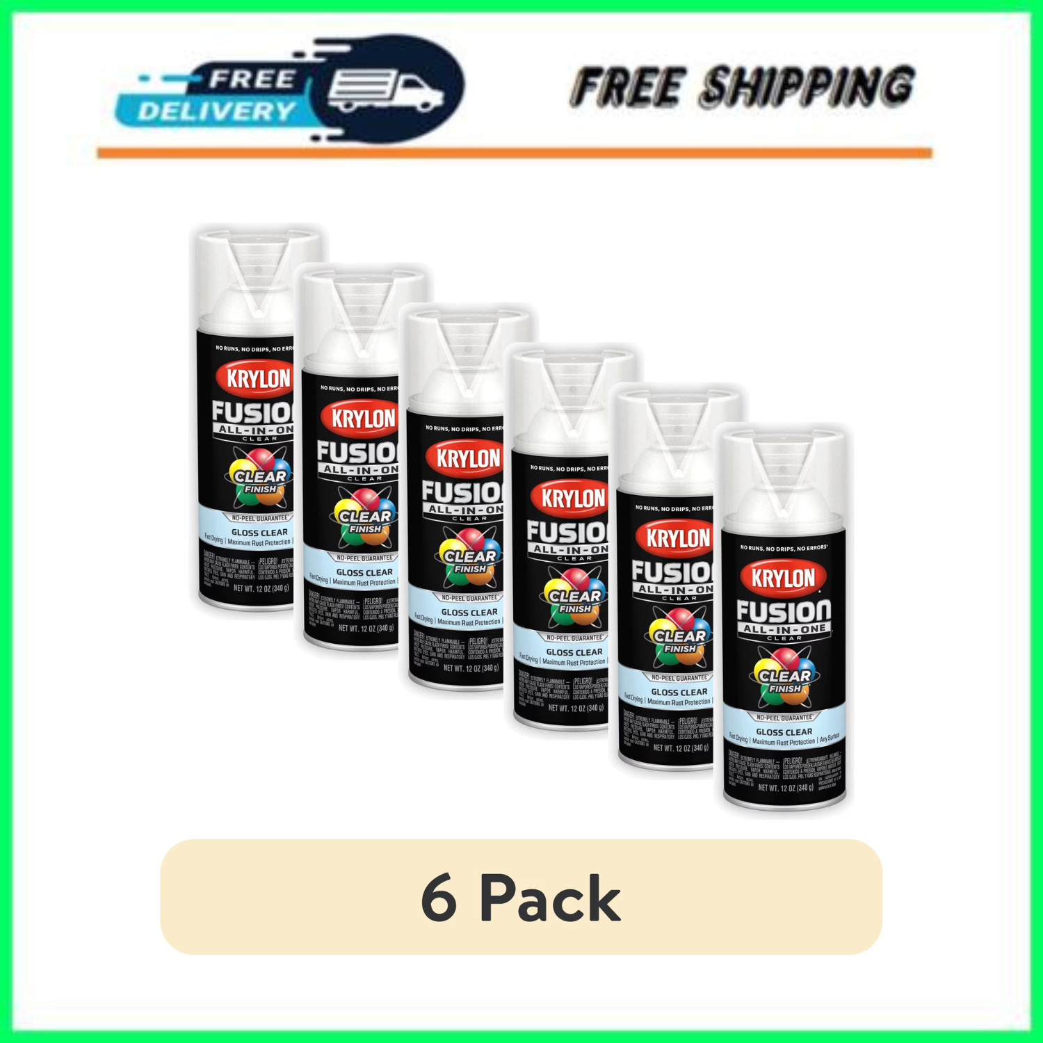 (6 pack) Krylon Fusion All-In-One Clear, Gloss, Clear, 12 oz