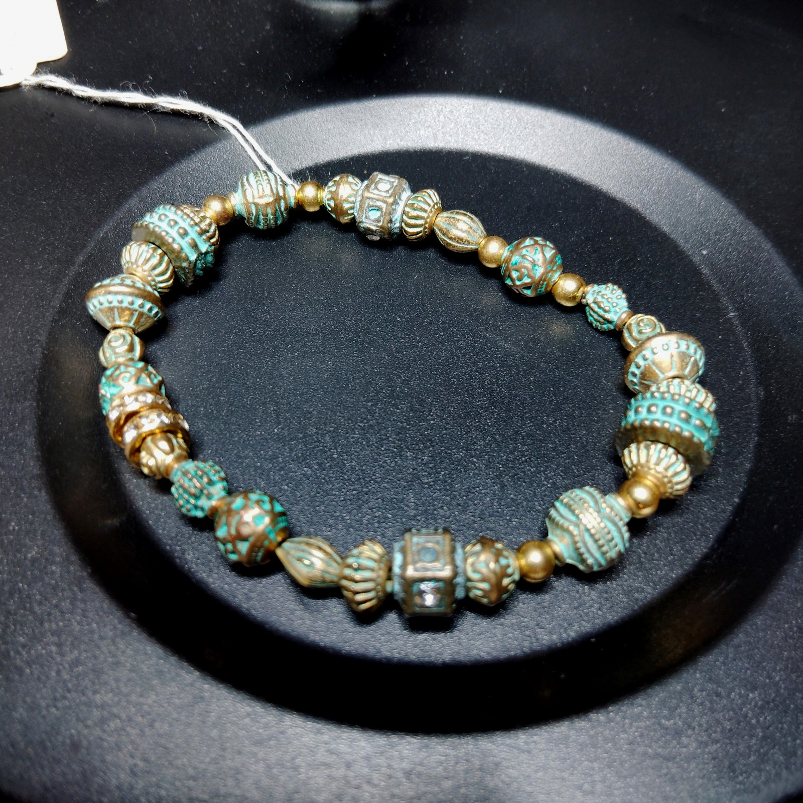 Handcrafted Beaded Painted Patina & Gold Bracelet 7 1/2-8 1/2"