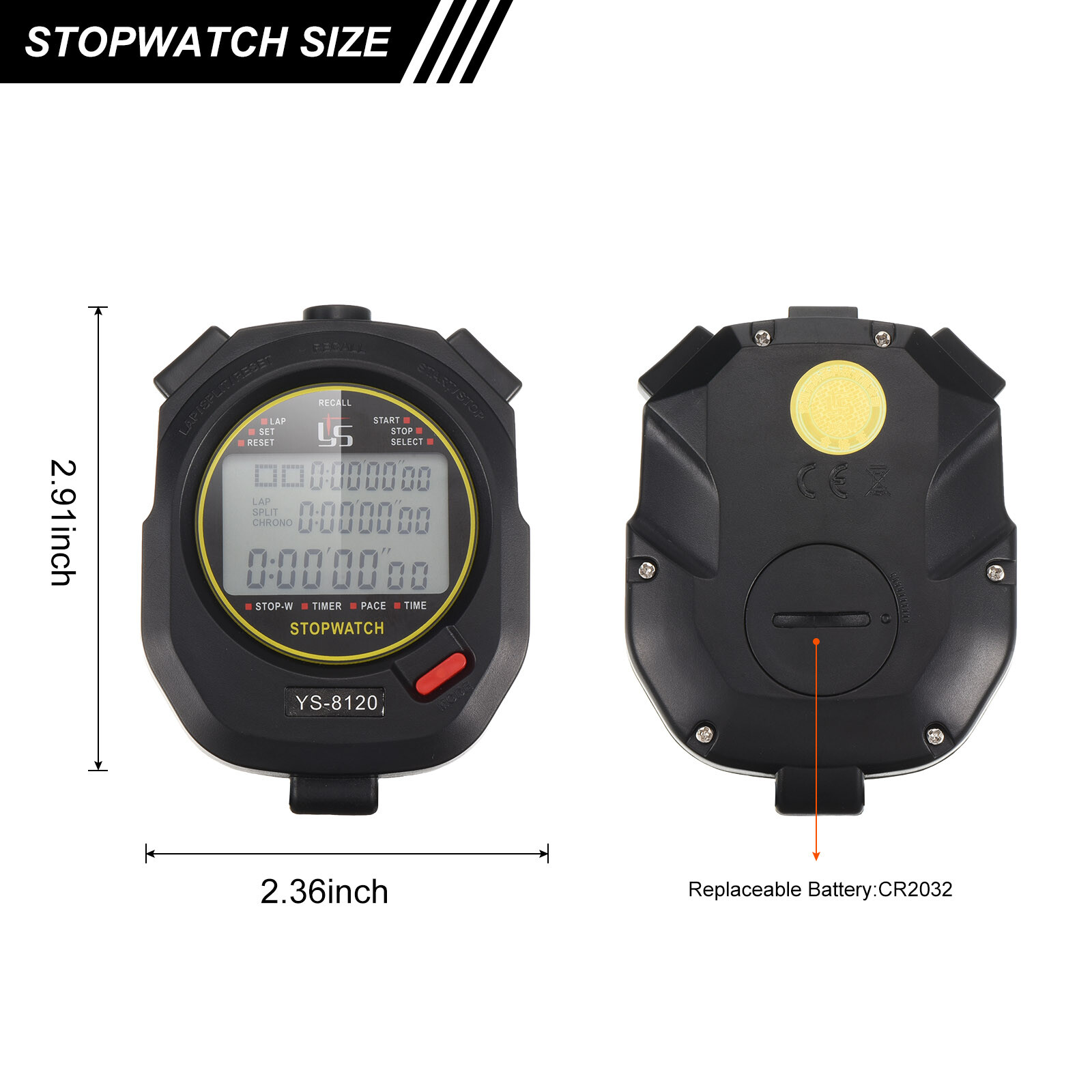 Professional Sport Stopwatch Timer 120 Lap Memory 0.01 Second Timing Black
