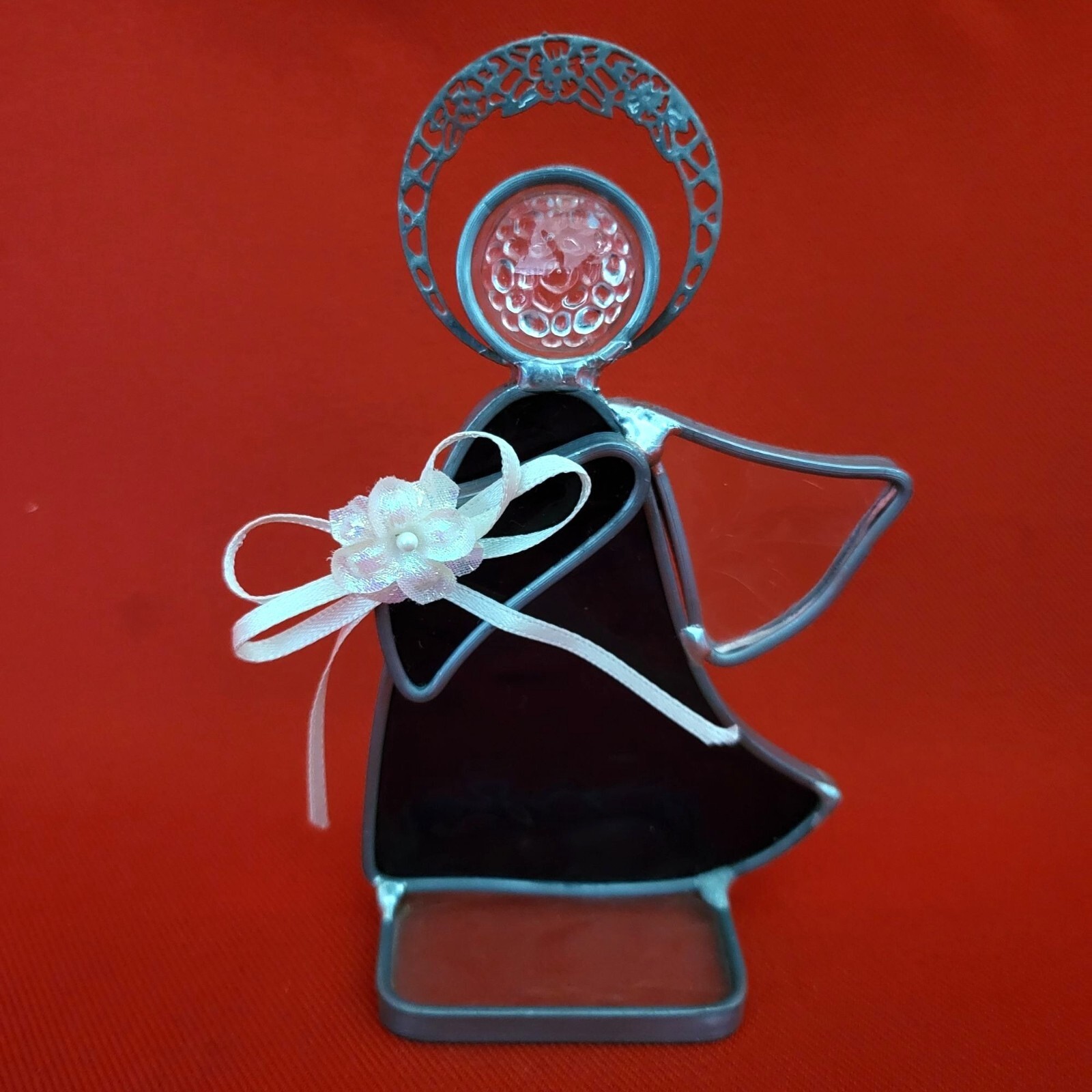 Vintage Stained Glass Free Standing Angel Holding a Flower Blue Suncatcher Pewte
